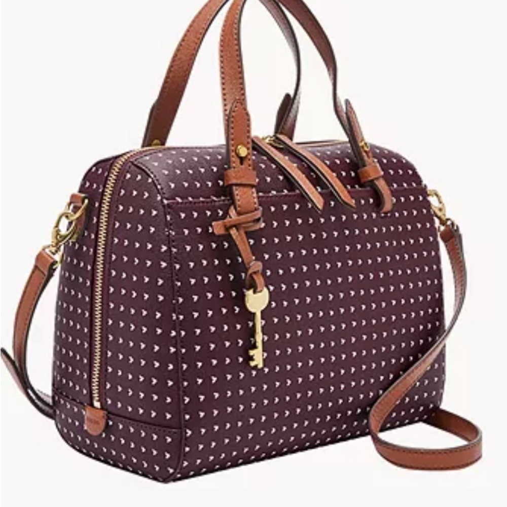 Fossil Rachel Satchel- Color Fig (Purple/ Burgundy) with White Hearts